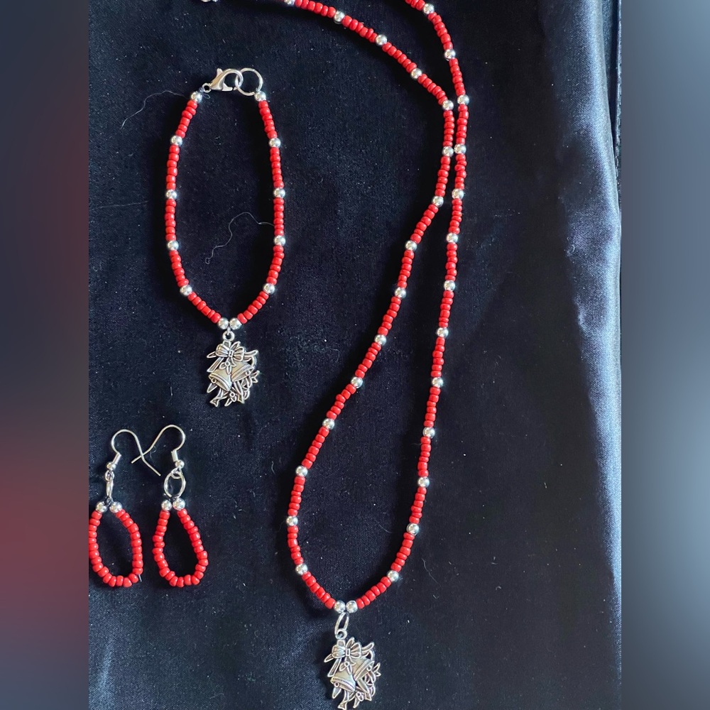 Red Beaded Jewelry Set with Silver Accents